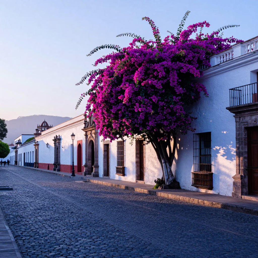 Quito Ecuador Sunrise Street Scene with Bougainvillea and Colonial Architecture in in Quito, Ecuador