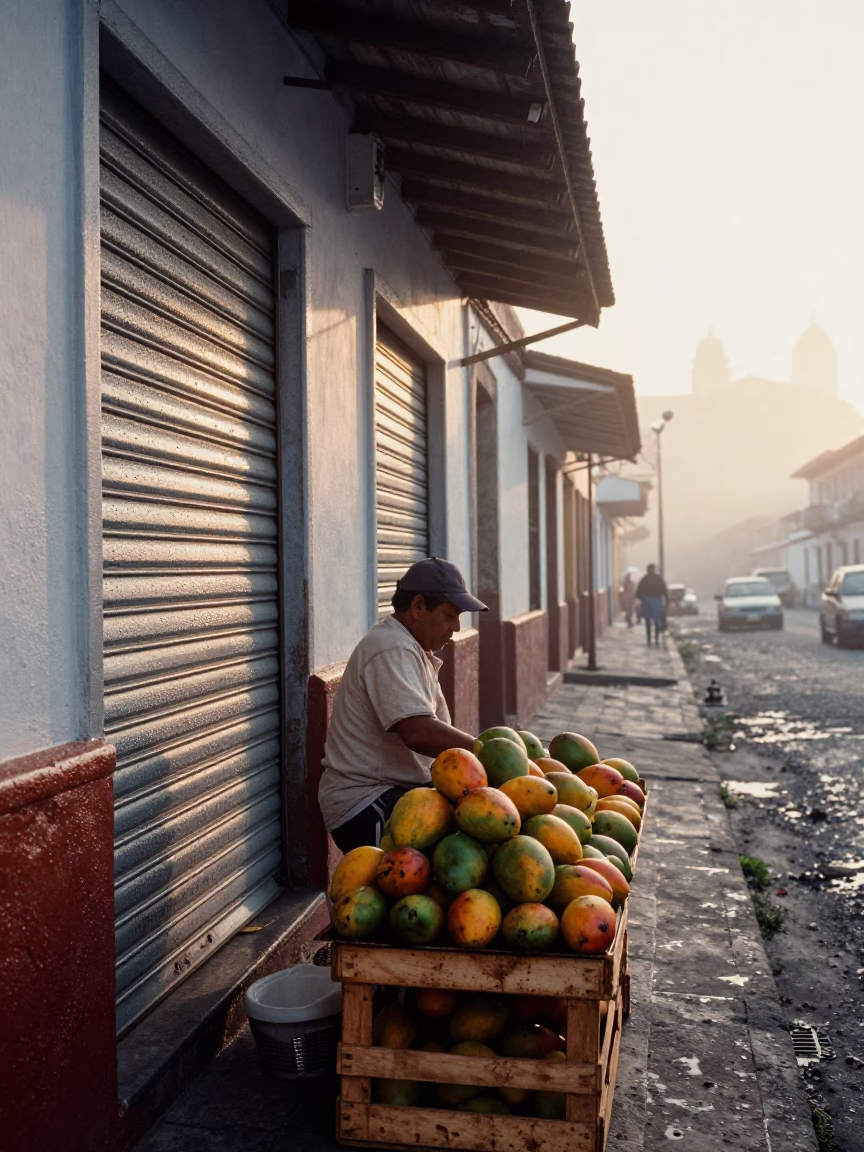 Quito Ecuador Sunrise Street Scene with Condensation and Mangoes in in Quito, Ecuador
