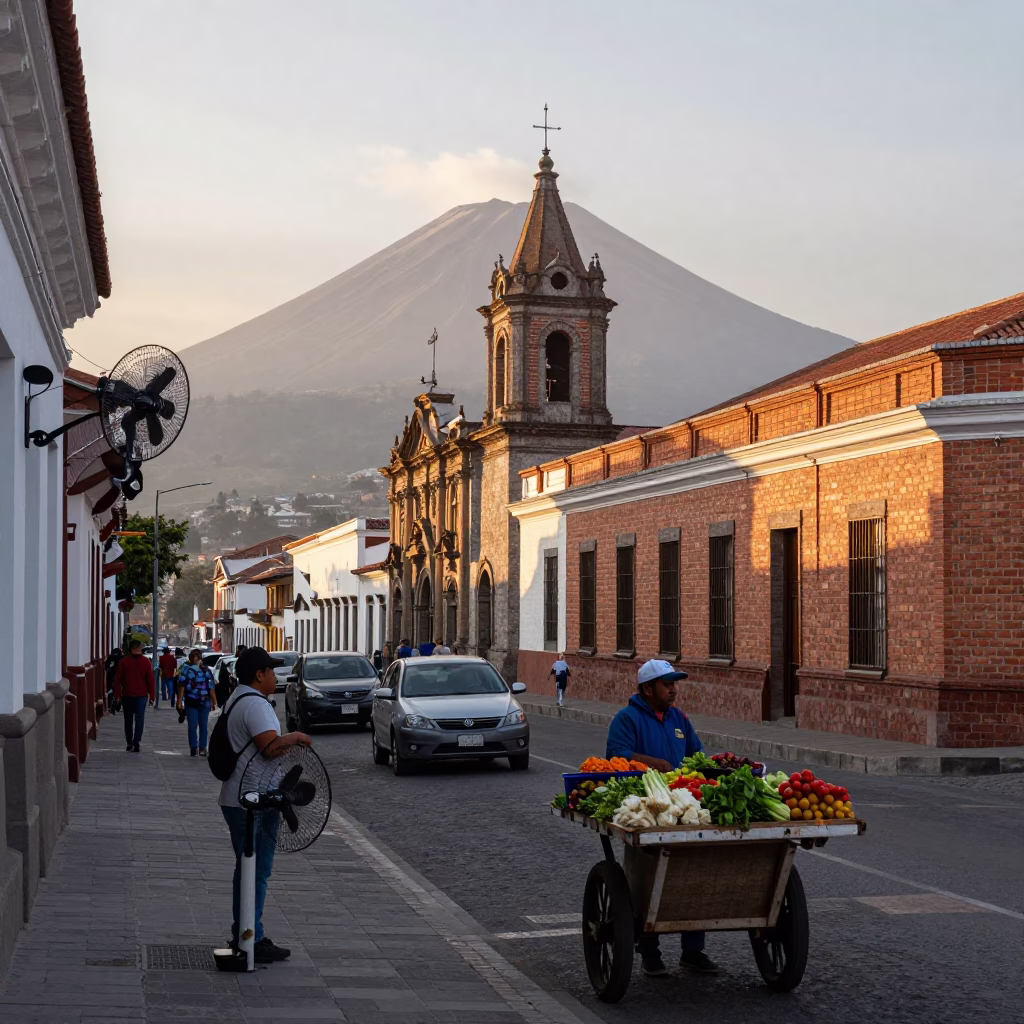 Quito Ecuador Sunrise Street Scene with Table Fans and Local Market Activity in in Quito, Ecuador