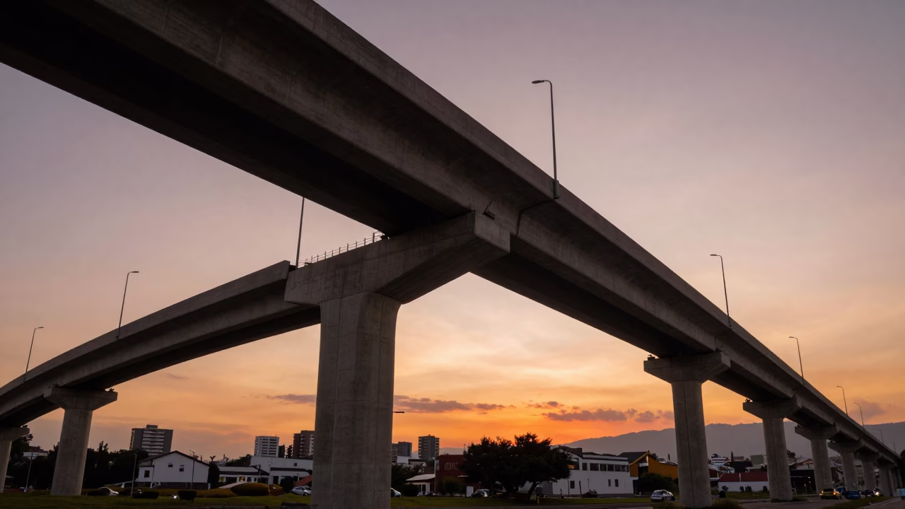 Quito Ecuador Sunset Highway Flyover Stack and Cityscape in in Quito, Ecuador