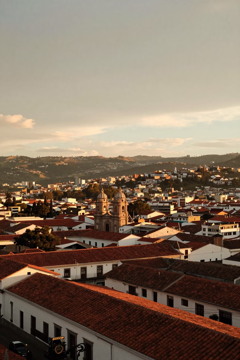Quito Ecuador Sunset Horizon View Over Colonial Rooftops and City Skyline in in Quito, Ecuador