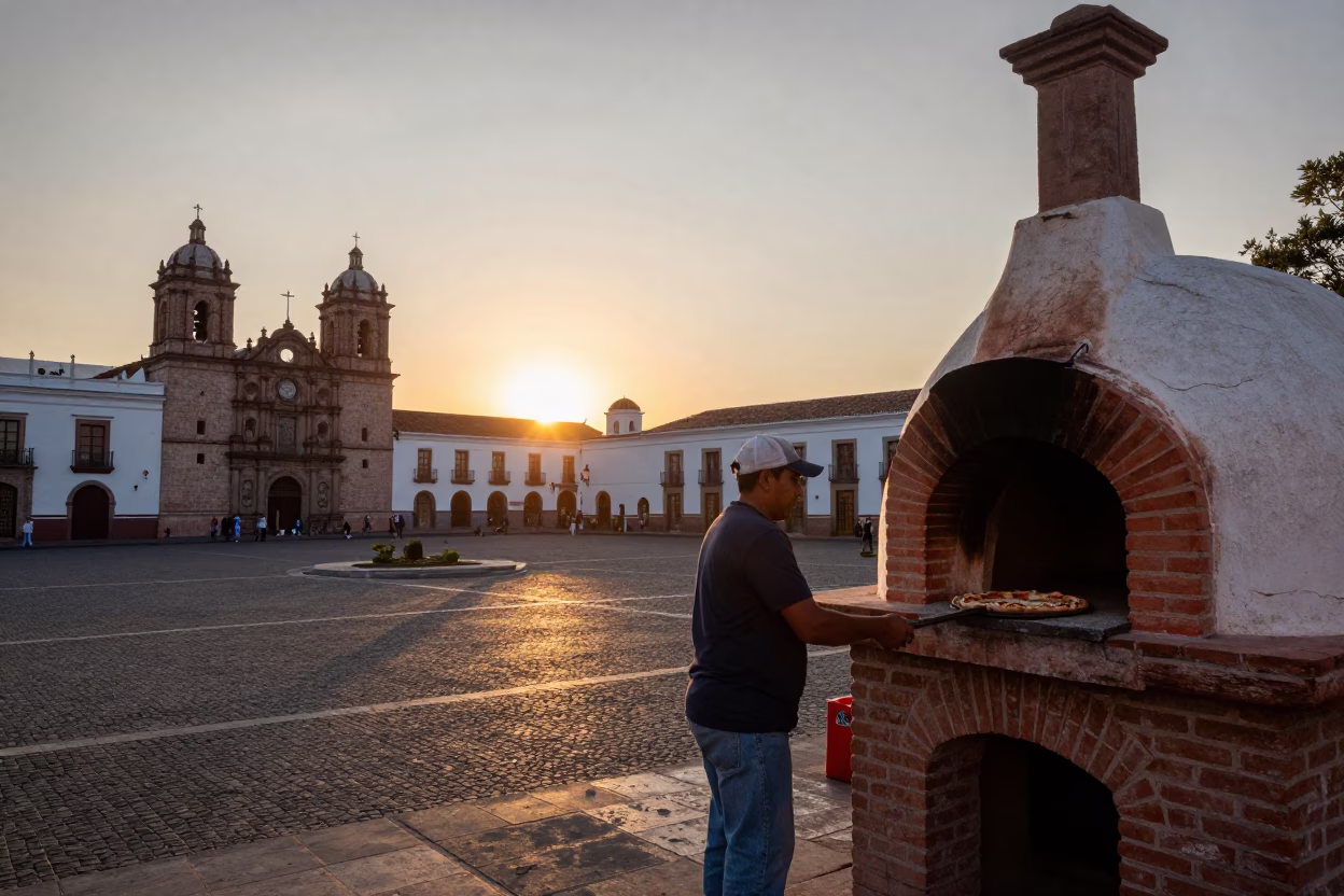 Quito Ecuador Sunset Over Historic Center With Brick Oven And Prayer Beads in in Quito, Ecuador