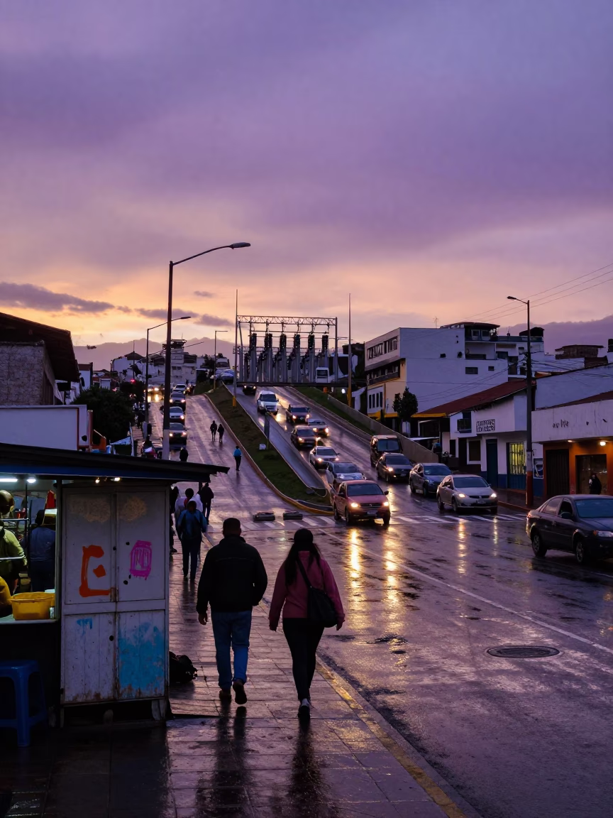 Quito Ecuador Sunset Overpass Ramp Violet Sky Busy Street Scene in in Quito, Ecuador