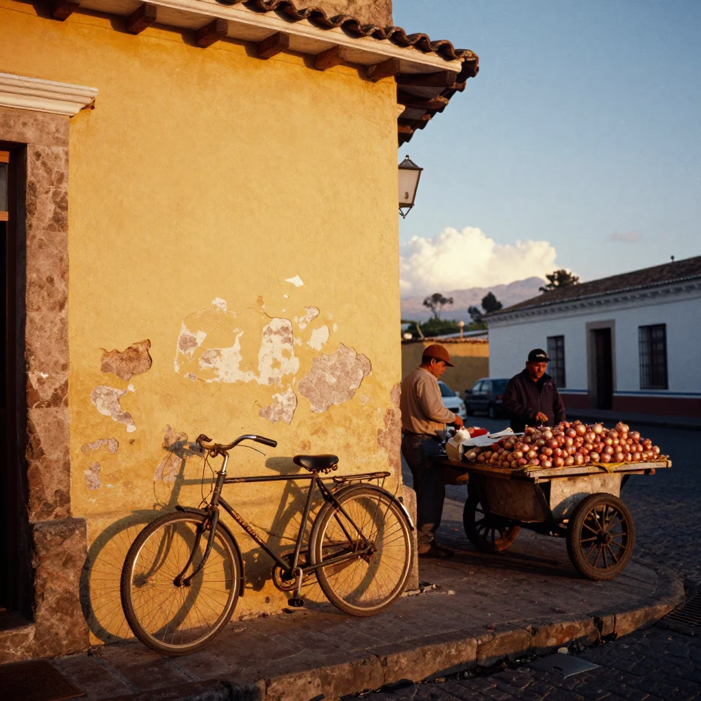 Quito Ecuador Sunset Street Scene with Bicycle and Market Onions in in Quito, Ecuador