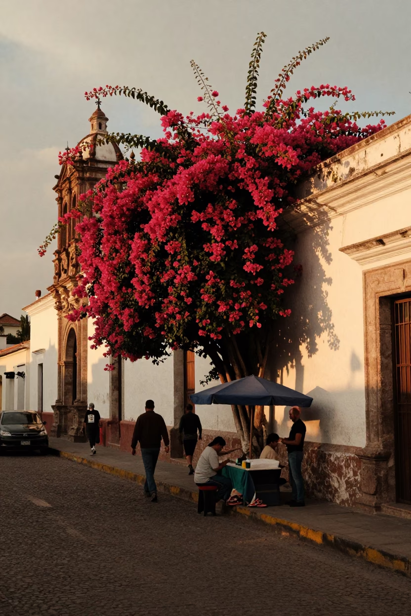 Quito Ecuador Sunset Street Scene with Bougainvillea and Local Vendor in in Quito, Ecuador