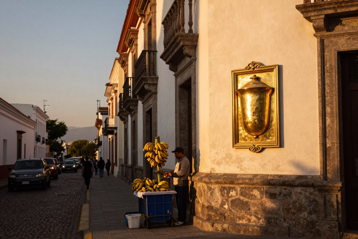 Quito Ecuador Sunset Street Scene with Brass Escutcheon and Banana Plantation Background in in Quito, Ecuador