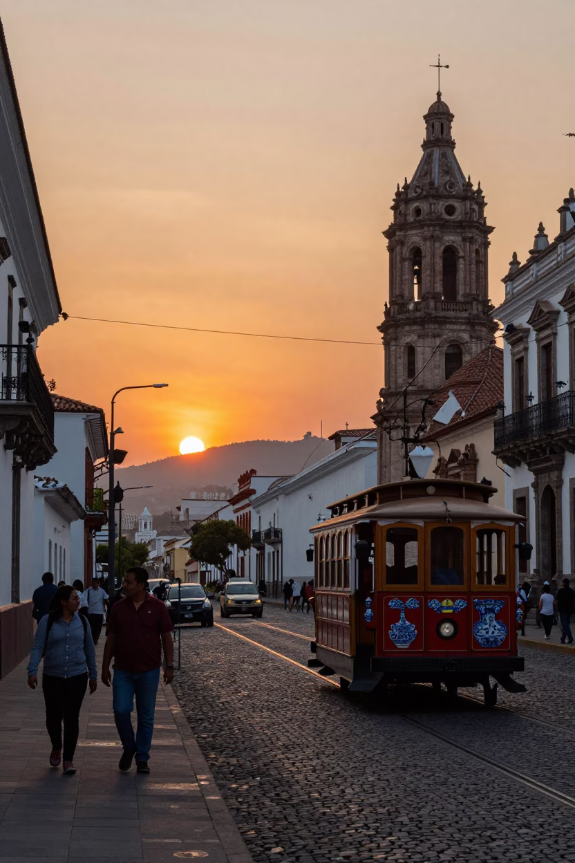 Quito Ecuador Sunset Street Scene with Cable Car and Ceramics in in Quito, Ecuador