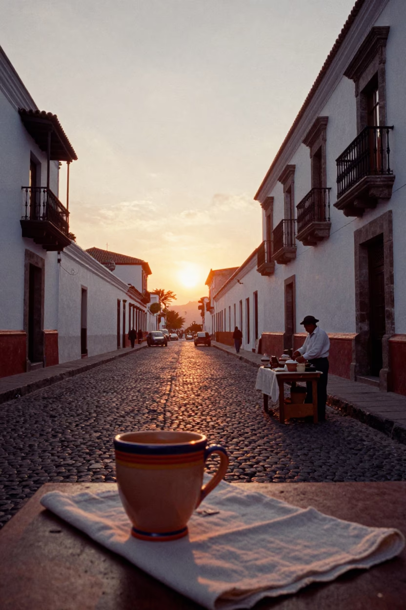 Quito Ecuador Sunset Street Scene with Ceramic Cup and Linen Fringe Detail in in Quito, Ecuador