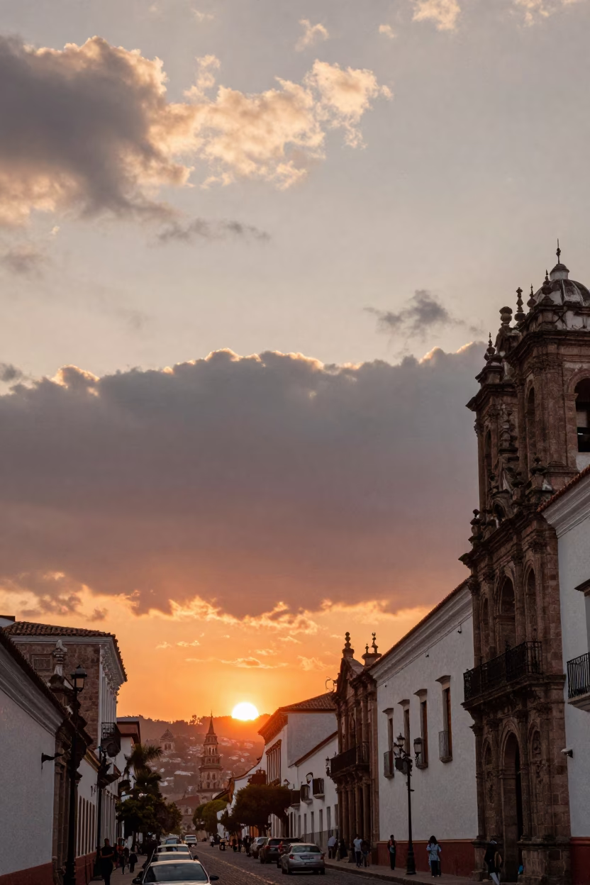 Quito Ecuador Sunset Street Scene with Clouds and Colonial Architecture in in Quito, Ecuador