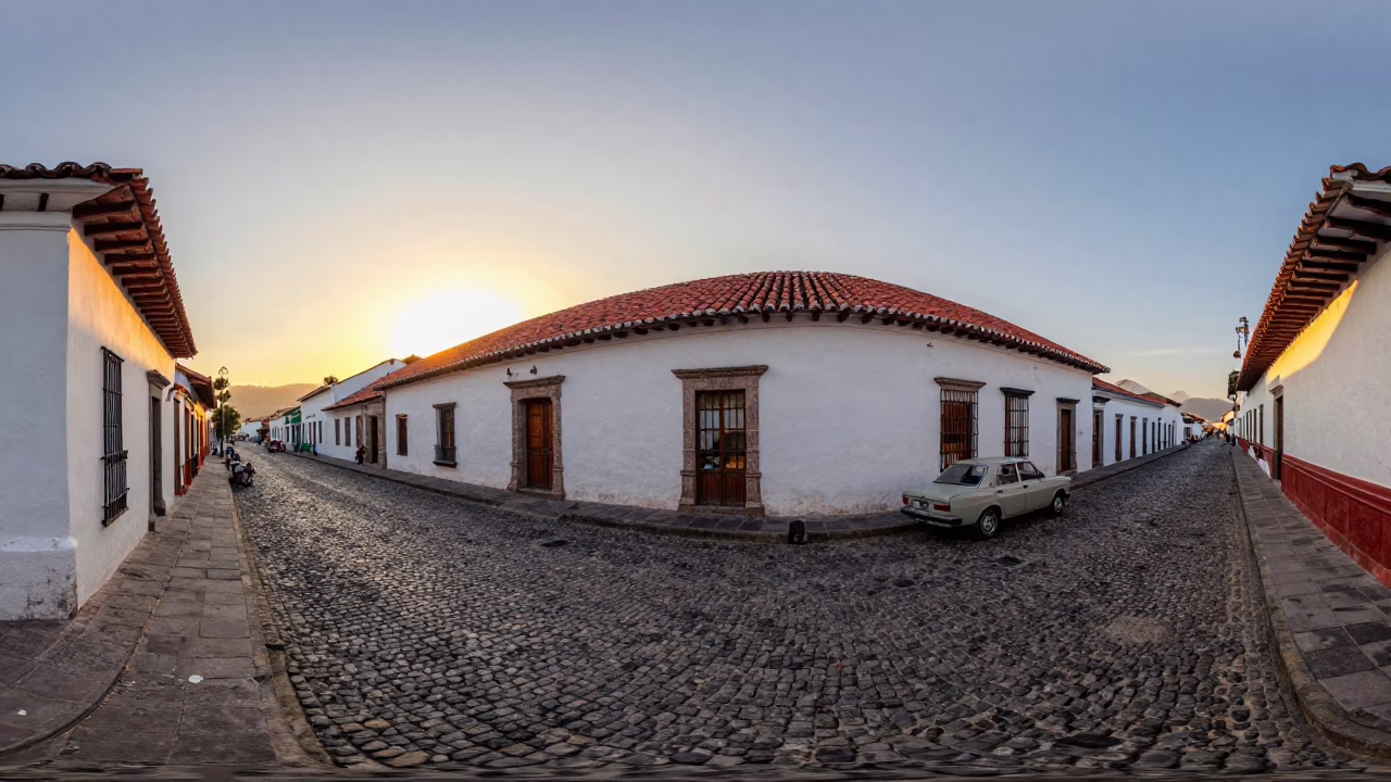 Quito Ecuador Sunset Street Scene with Cobblestones and Colonial Architecture in in Quito, Ecuador