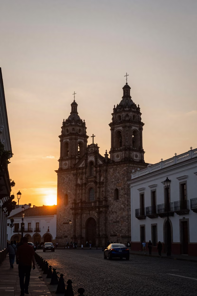 Quito Ecuador Sunset Street Scene with Colonial Architecture and Evening Light in in Quito, Ecuador