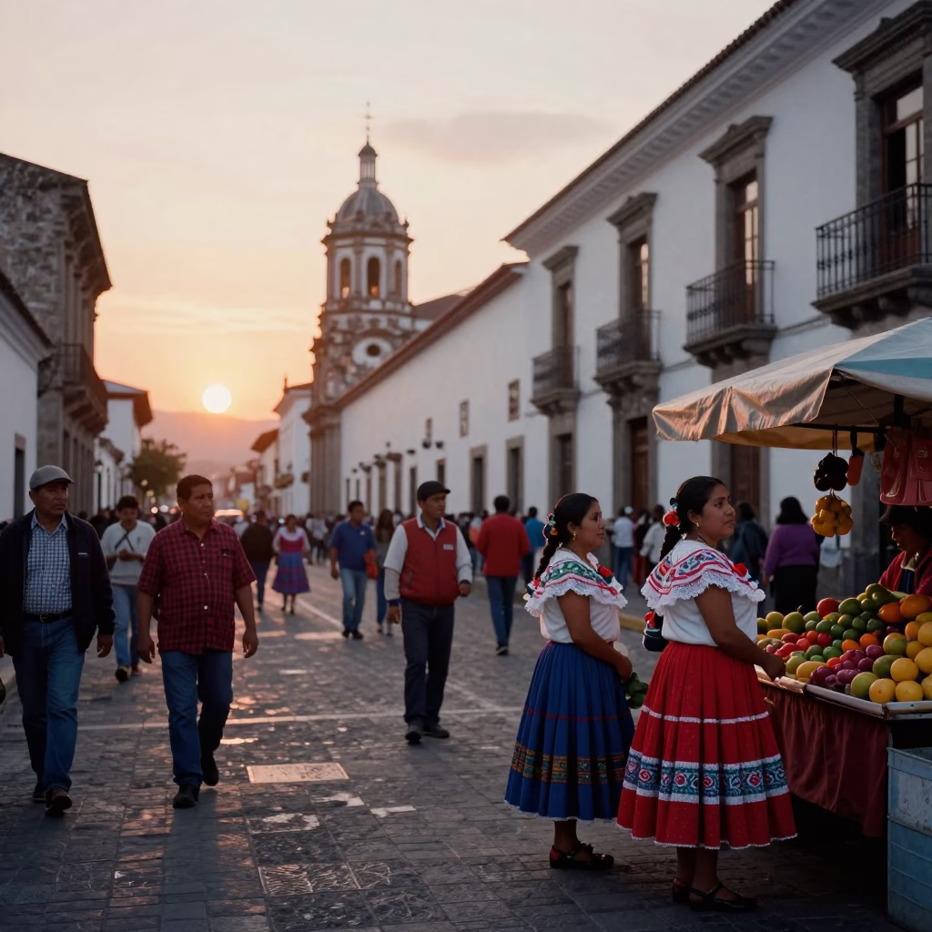 Quito Ecuador Sunset Street Scene with Colorful Clothing and Urban Architecture in in Quito, Ecuador
