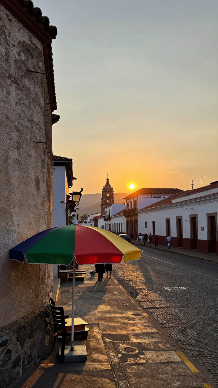 Quito Ecuador Sunset Street Scene with Colorful Umbrella Stand and Concrete Architecture in in Quito, Ecuador
