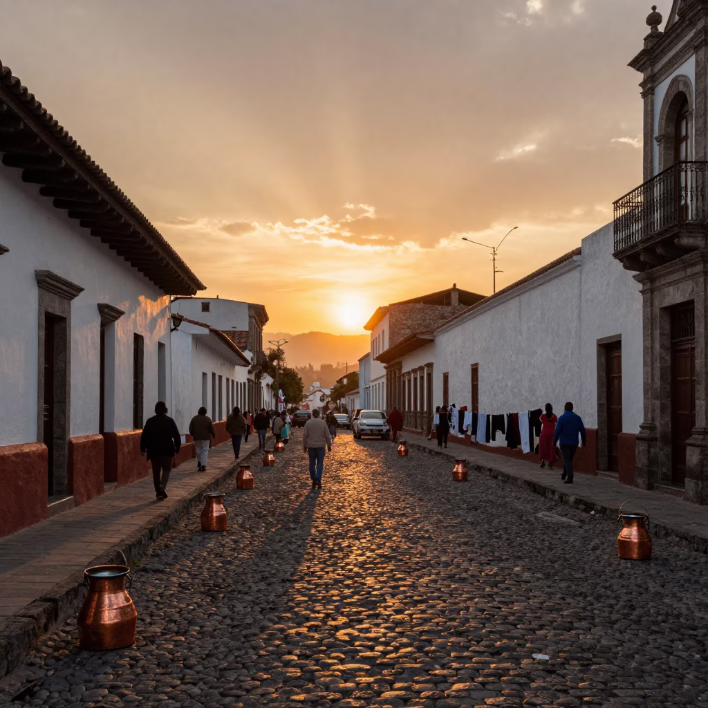Quito Ecuador Sunset Street Scene With Copper Pots And Laundry Basket in in Quito, Ecuador