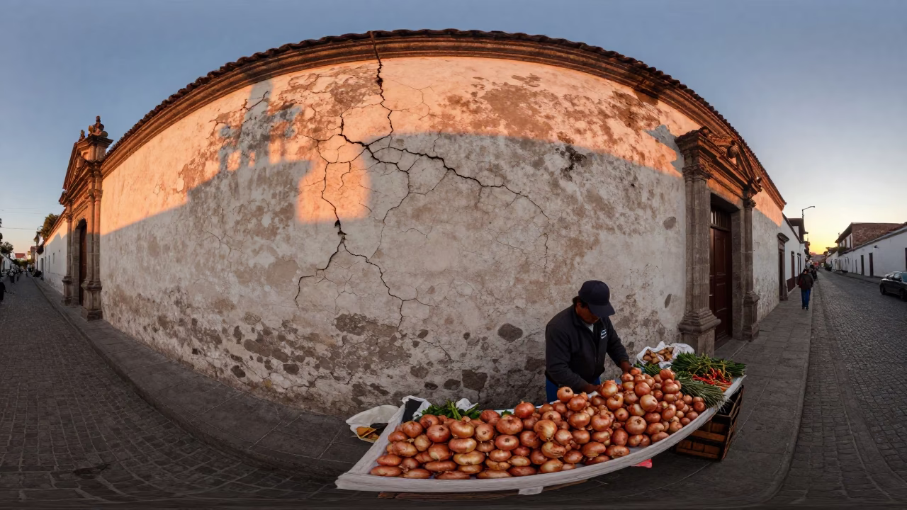 Quito Ecuador Sunset Street Scene with Cracked Stucco Wall and Onions in in Quito, Ecuador