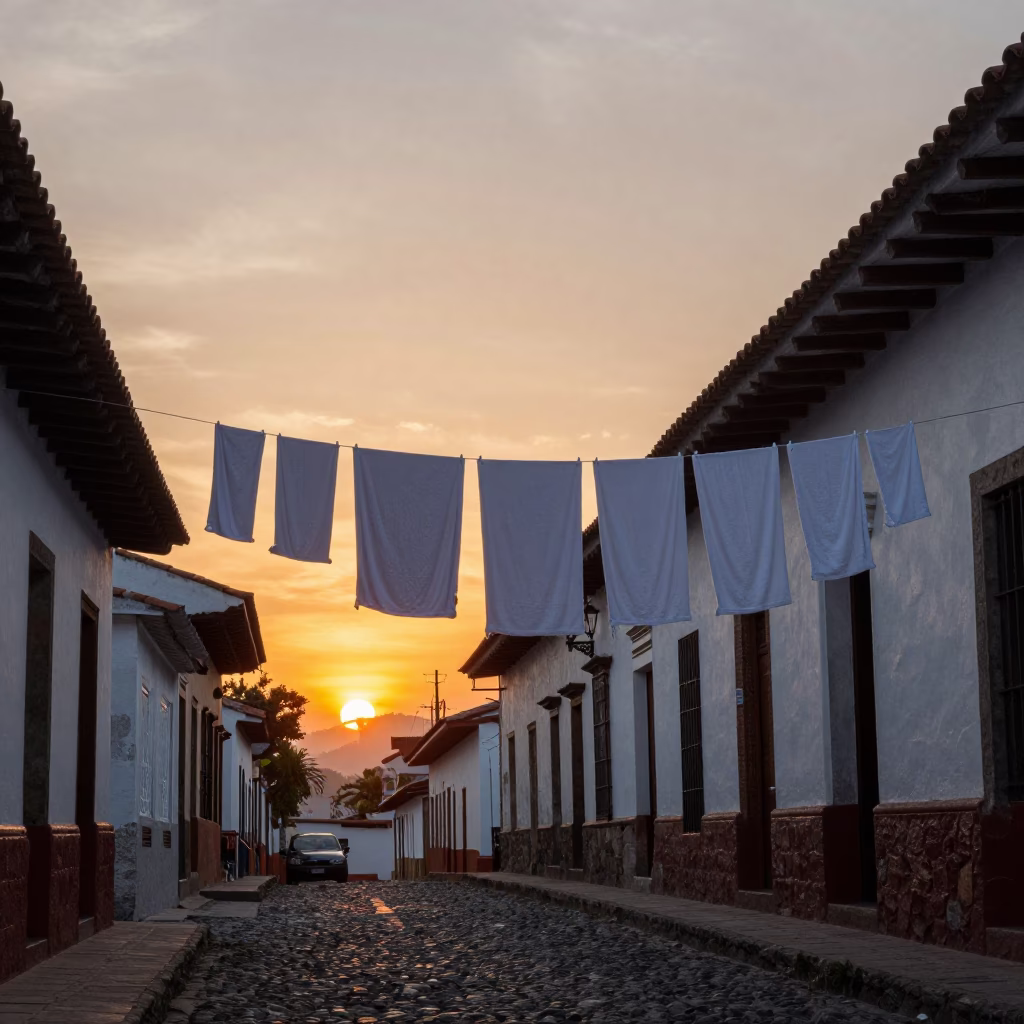 Quito Ecuador Sunset Street Scene with Drying Towels and Local Life in in Quito, Ecuador