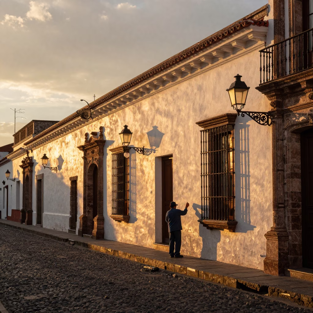 Quito Ecuador Sunset Street Scene with Lanterns and Colonial Architecture in in Quito, Ecuador