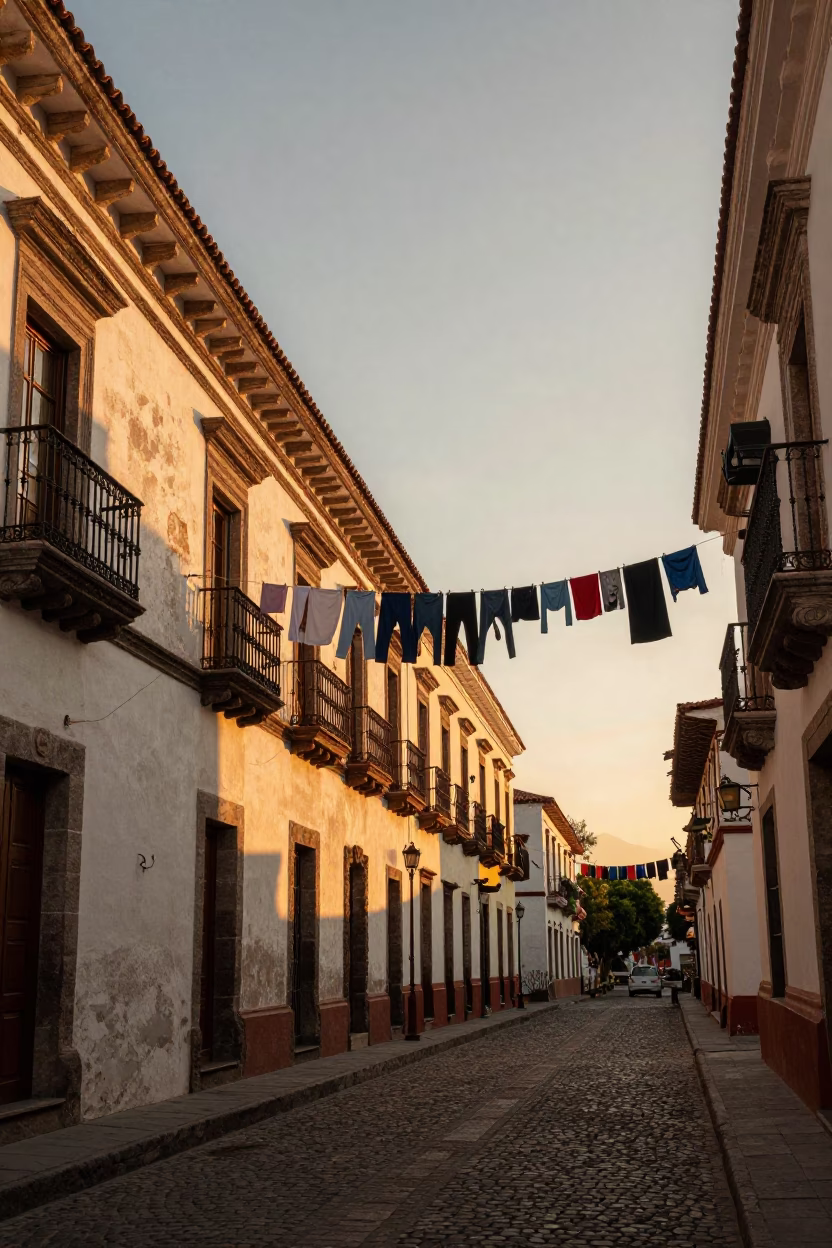 Quito Ecuador Sunset Street Scene with Laundry and Colonial Architecture in in Quito, Ecuador