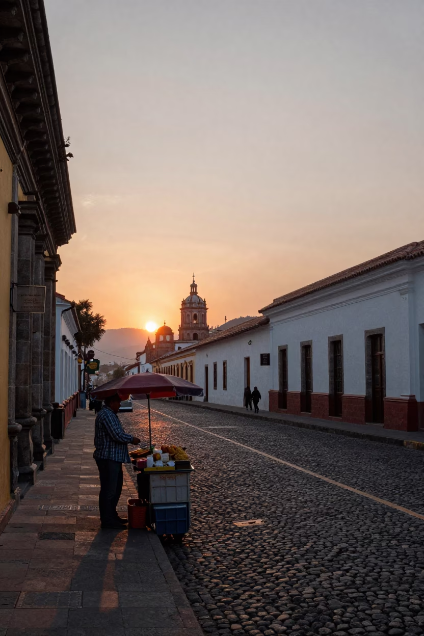 Quito Ecuador Sunset Street Scene with Local Food Vendor and Colonial Architecture in in Quito, Ecuador