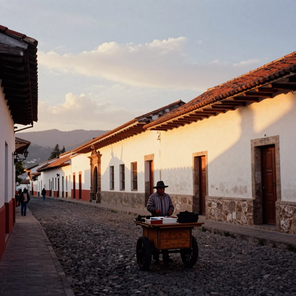 Quito Ecuador Sunset Street Scene with Local Vendor and Traditional Food Plate in in Quito, Ecuador