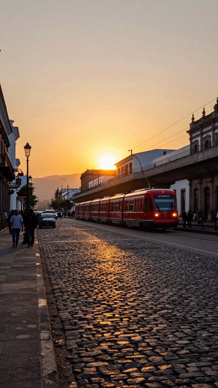 Quito Ecuador Sunset Street Scene with Monorail Reflection and Cobblestone Plaza in in Quito, Ecuador