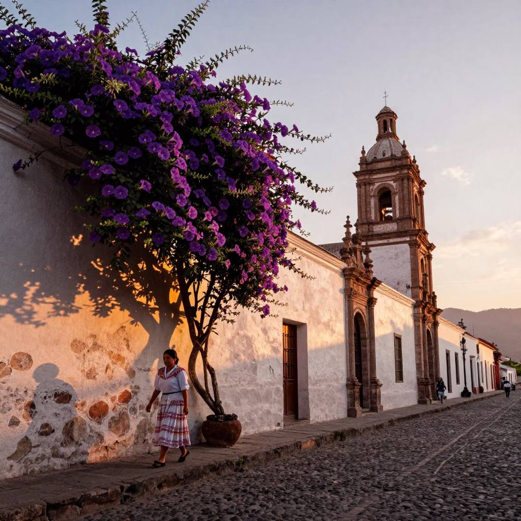 Quito Ecuador Sunset Street Scene with Morning Glory Vine and Local Interaction in in Quito, Ecuador