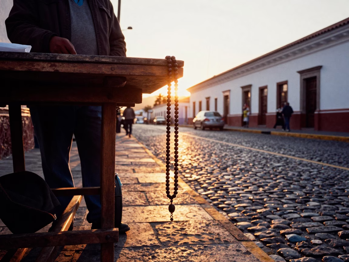 Quito Ecuador Sunset Street Scene with Prayer Beads and Local Market Activity in in Quito, Ecuador