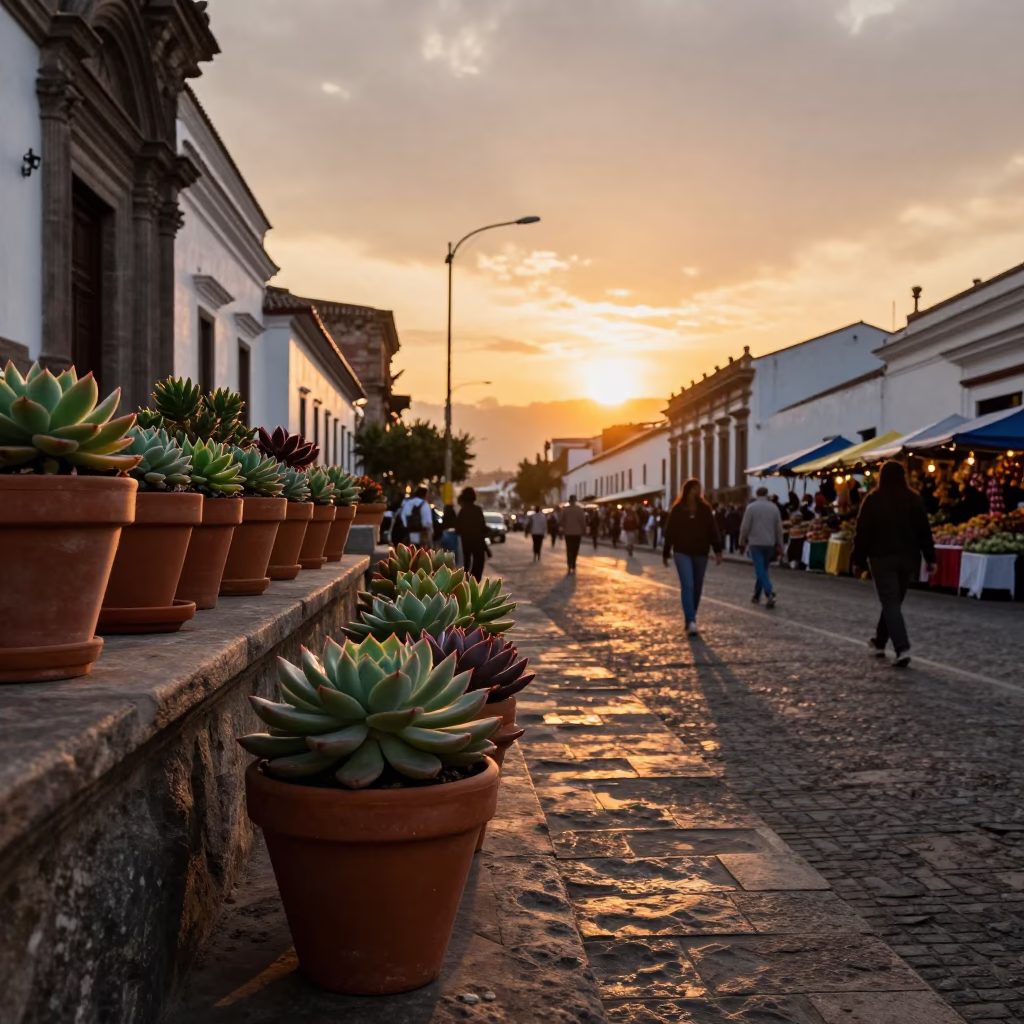 Quito Ecuador Sunset Street Scene with Succulents and Local Market Activity in in Quito, Ecuador
