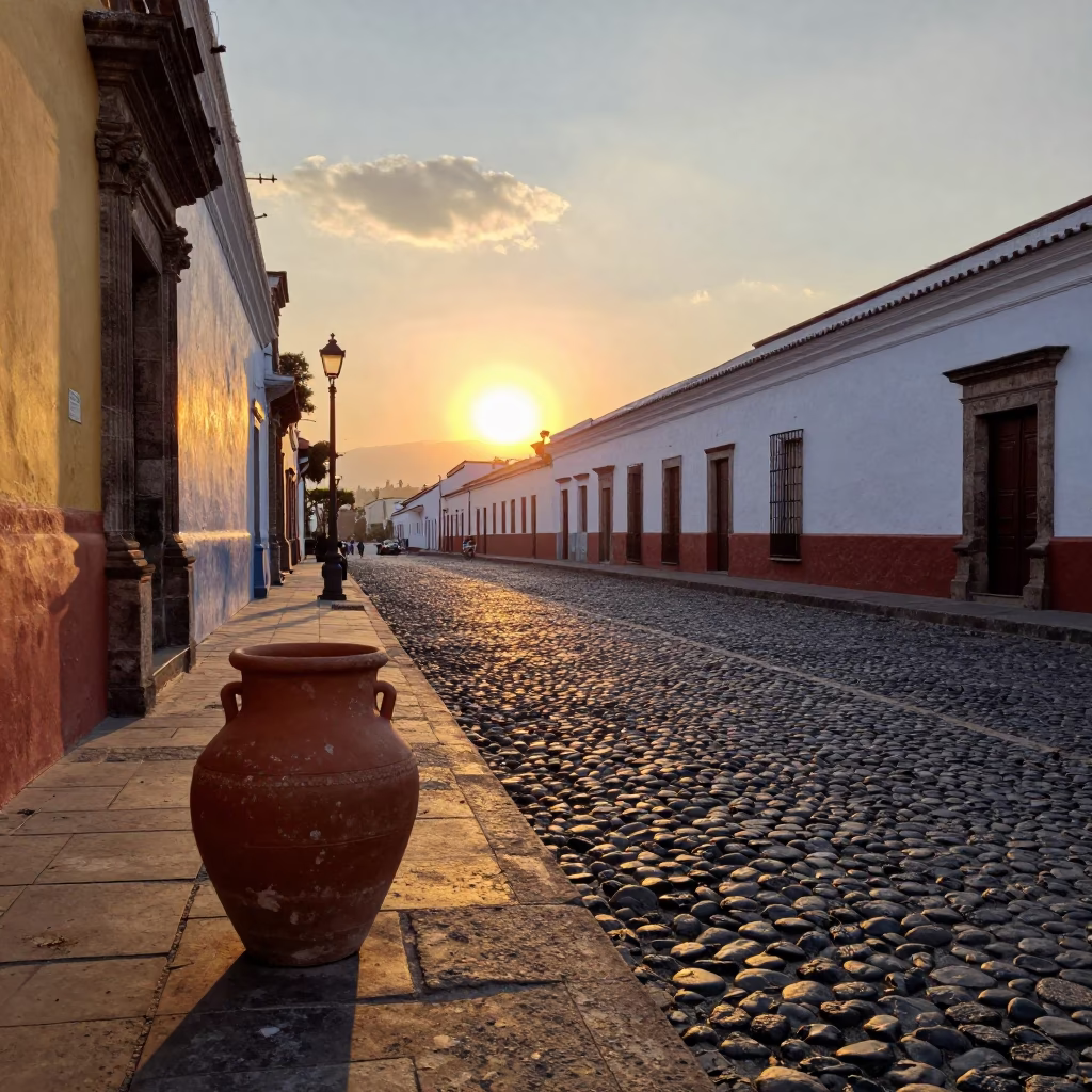 Quito Ecuador Sunset Street Scene with Terracotta Pot and Cobblestones in in Quito, Ecuador