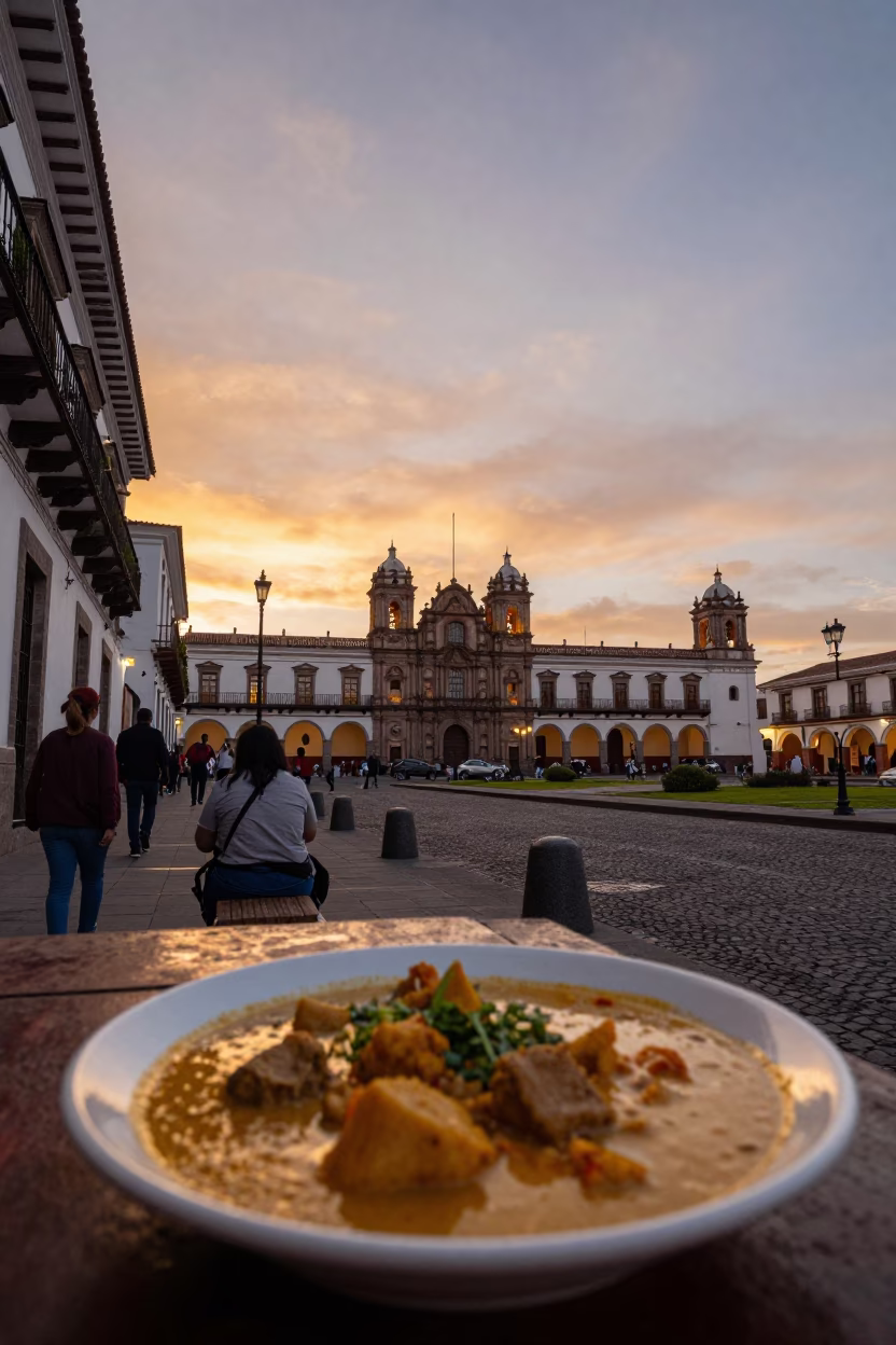 Quito Ecuador Sunset Street Scene with Traditional Aji de Gallina Dinner Plate in in Quito, Ecuador