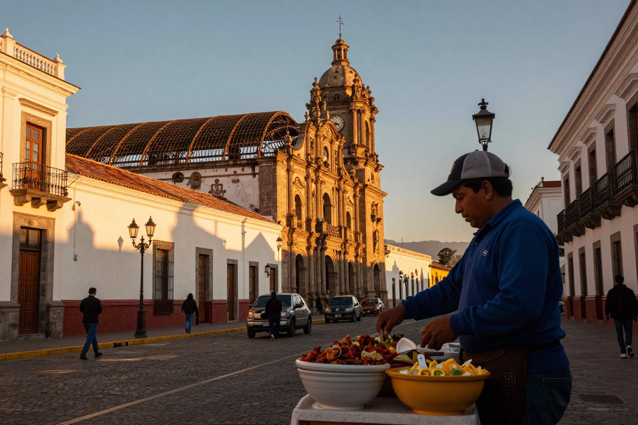 Quito Ecuador Sunset Street Scene with Traditional Food and Local Life in in Quito, Ecuador