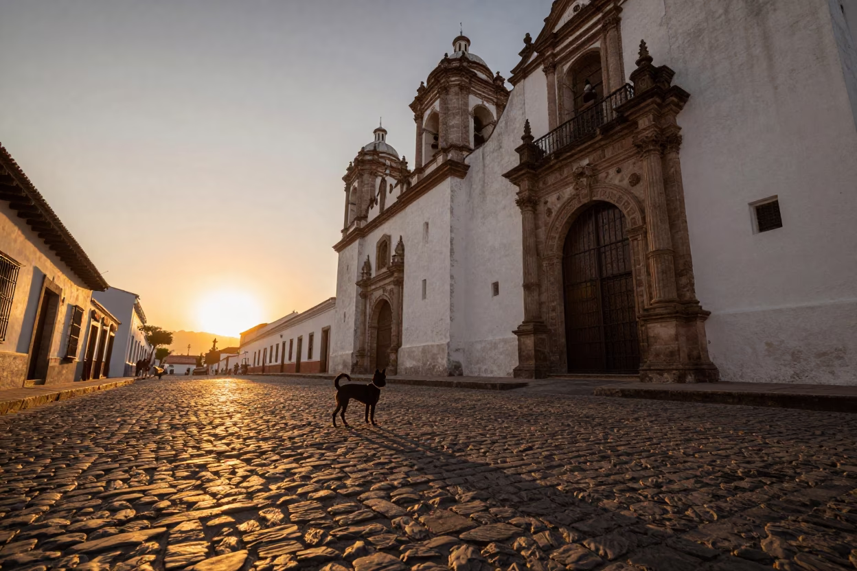Quito Ecuador Sunset Street Scene with Wicker Shadow and Brazilian Terrier in in Quito, Ecuador