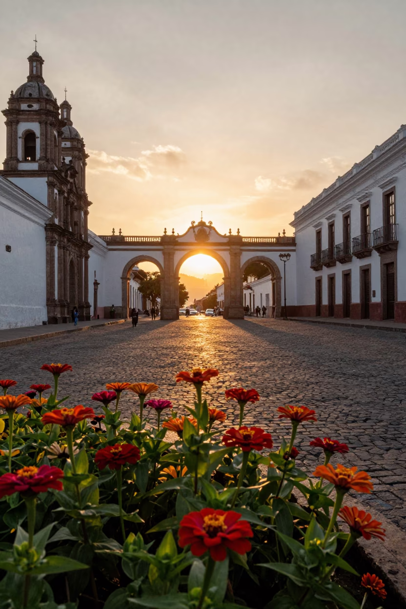 Quito Ecuador Sunset Street Scene With Zinnias And University Archway in in Quito, Ecuador
