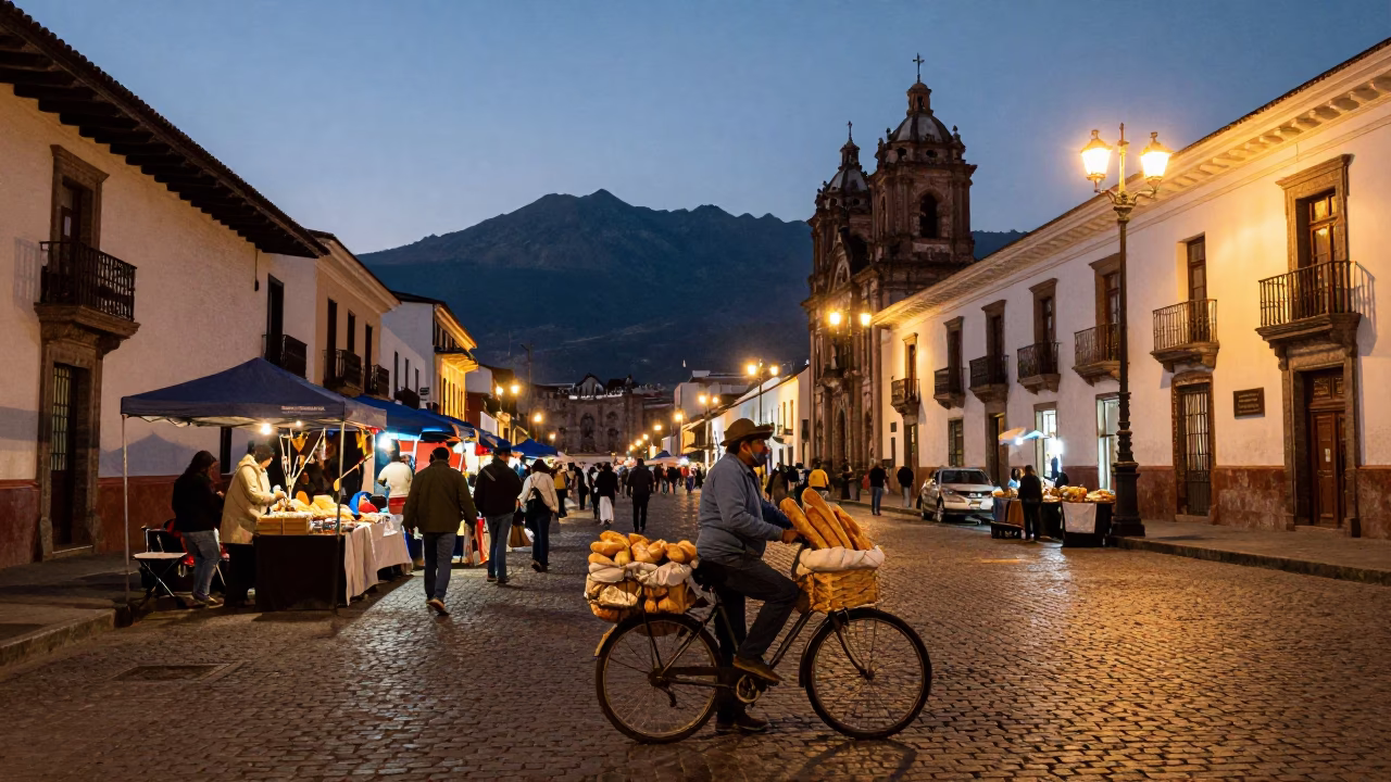 Quito Ecuador Twilight Street Scene with Bicycle and Local Market Life in in Quito, Ecuador