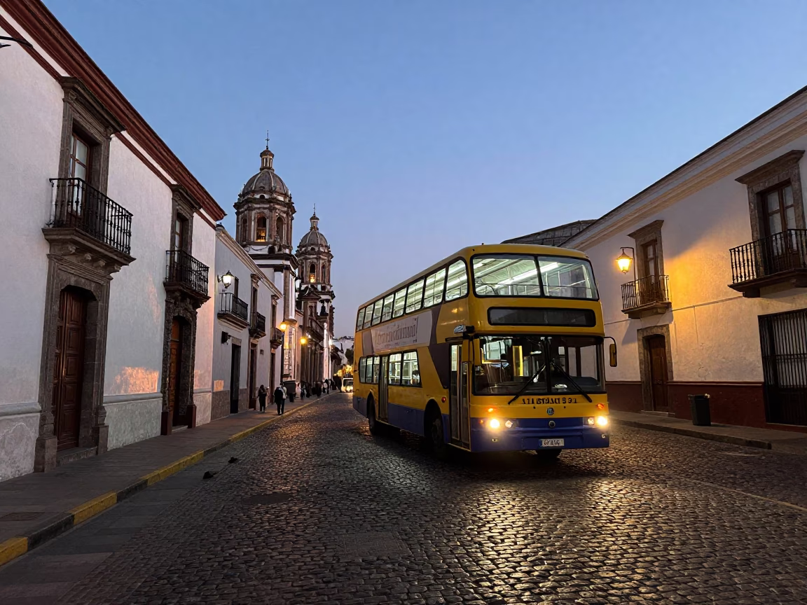 Quito Ecuador Twilight Street Scene with Double Decker Bus and Local Market Activity in in Quito, Ecuador