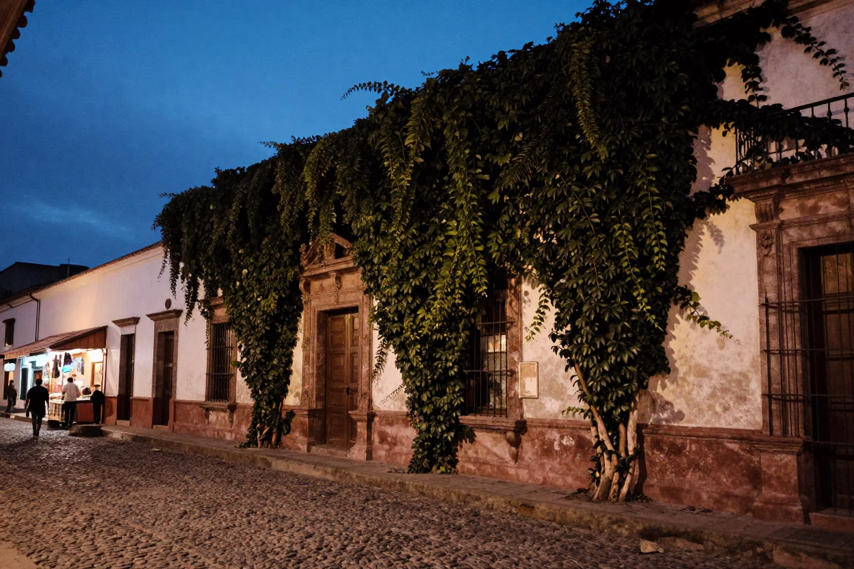 Quito Ecuador Twilight Street Scene with Ivy and Local Market Activity in in Quito, Ecuador