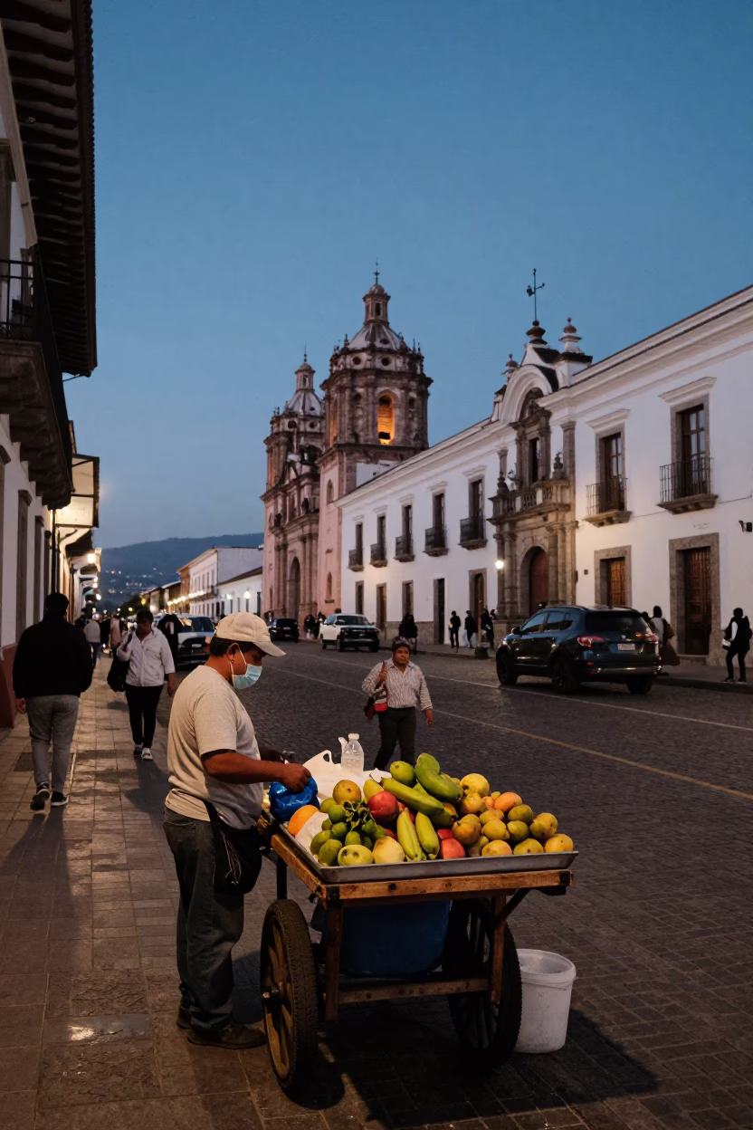 Quito Ecuador Twilight Street Scene With Local Vendor And Vintage Elements in in Quito, Ecuador