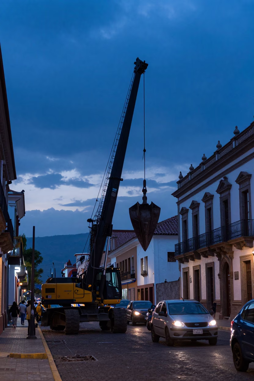 Quito Ecuador Twilight Street Scene with Pile Driver Construction and Urban Activity in in Quito, Ecuador