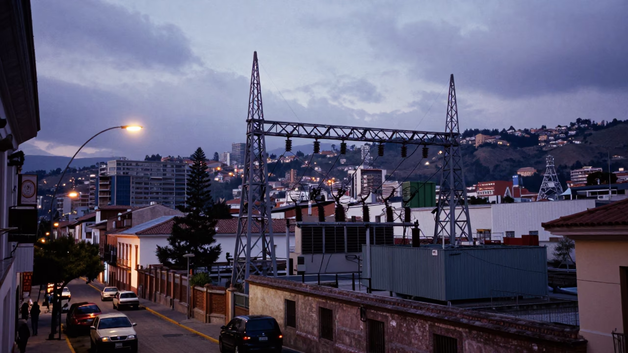 Quito Ecuador Twilight Street Scene with Power Substation and Local Activity in in Quito, Ecuador