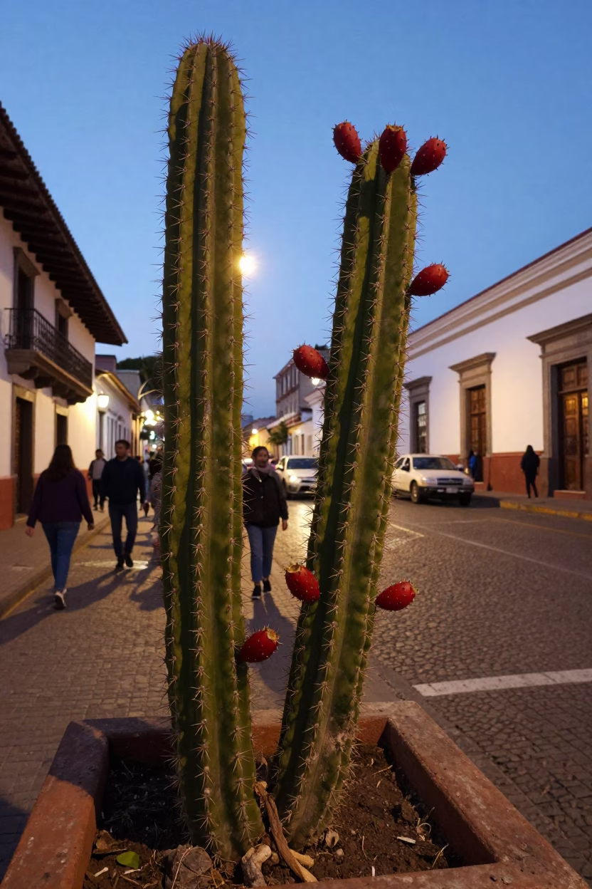 Quito Ecuador Twilight Street Scene with Prickly Pear Cactus and Wet Pavement in in Quito, Ecuador