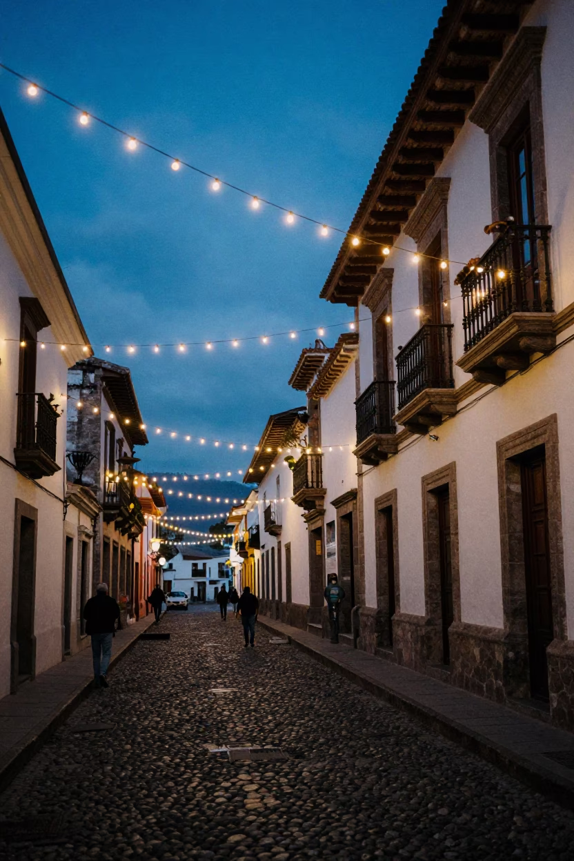 Quito Ecuador Twilight Street Scene with String Lights and Urban Architecture in in Quito, Ecuador