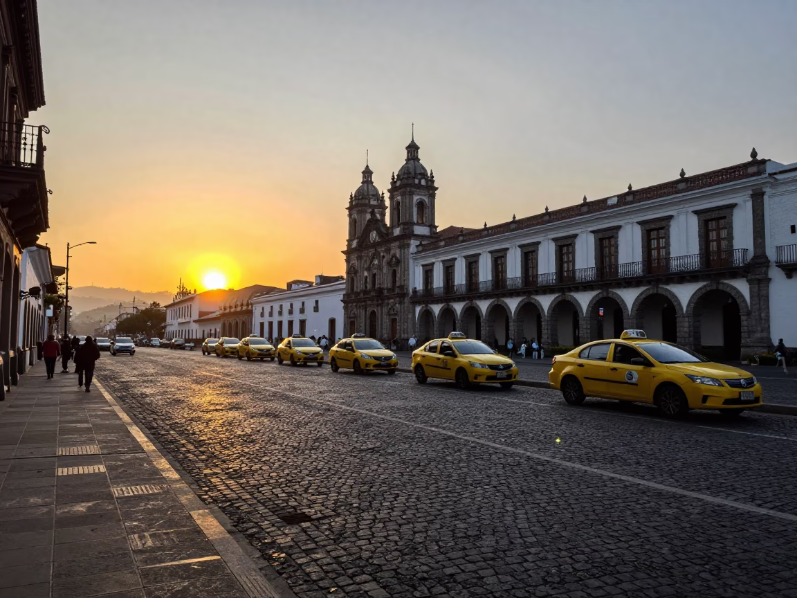 Quito Ecuador Twilight Street Scene with Taxi Rank and Traditional Architecture in in Quito, Ecuador
