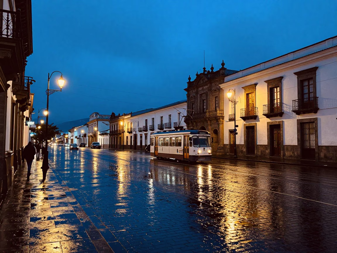 Quito Ecuador Twilight Street Scene with Tram Reflections on Wet Cobblestones in in Quito, Ecuador