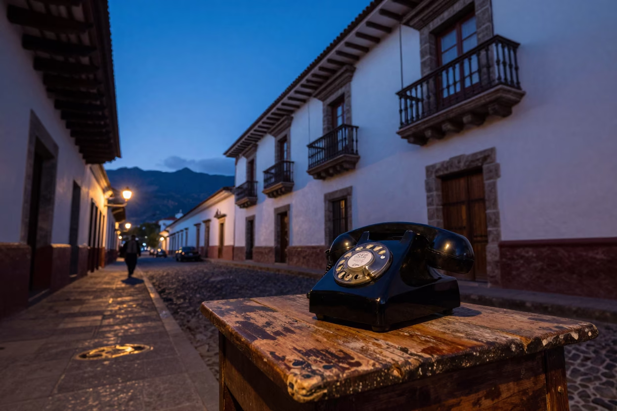 Quito Ecuador Twilight Street Scene with Vintage Bakelite Telephone and Candle Holder in in Quito, Ecuador