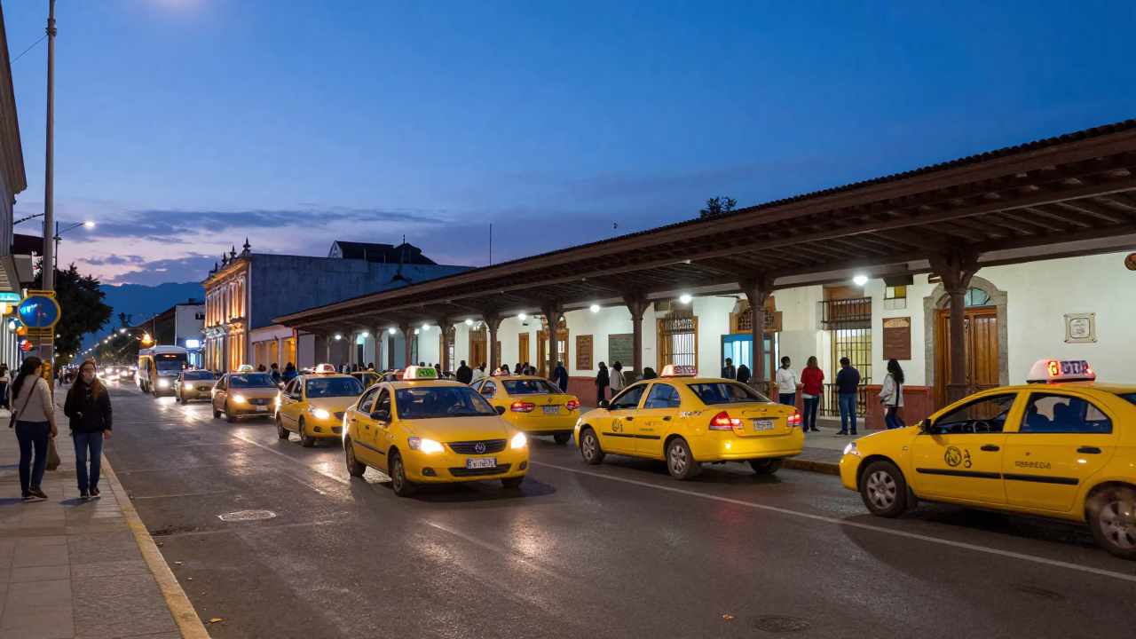 Quito Ecuador Twilight Taxi Rank and City Lights Street Scene in in Quito, Ecuador