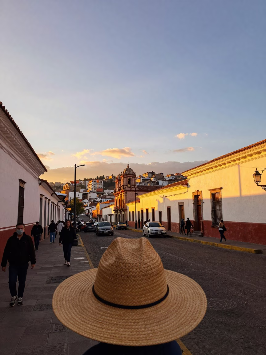 Quito Ecuador Warm Late Afternoon Street Scene With Straw Hat And Vine in in Quito, Ecuador