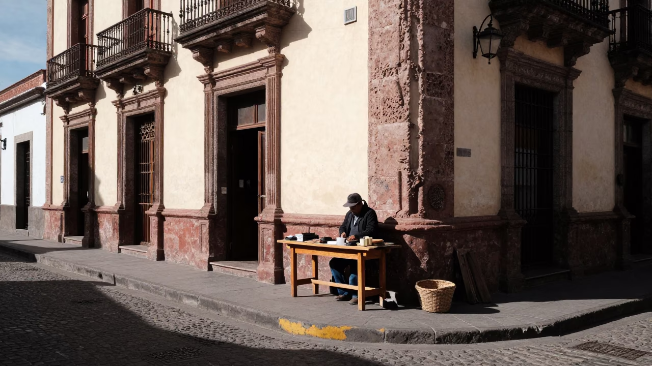 Quito Ecuador Winter Noon Street Scene with Workbench and Basket Tray in in Quito, Ecuador