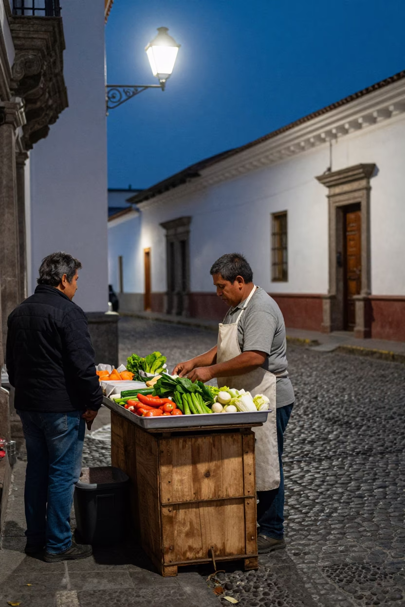Quito Food Vendor at Midnight Light in in Quito, Ecuador