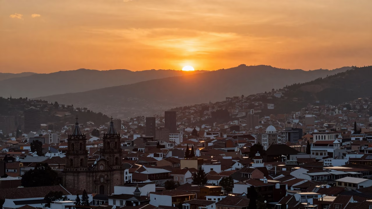 Quito Historic Center And Andes Mountains at Sunset Light in in Quito, Ecuador