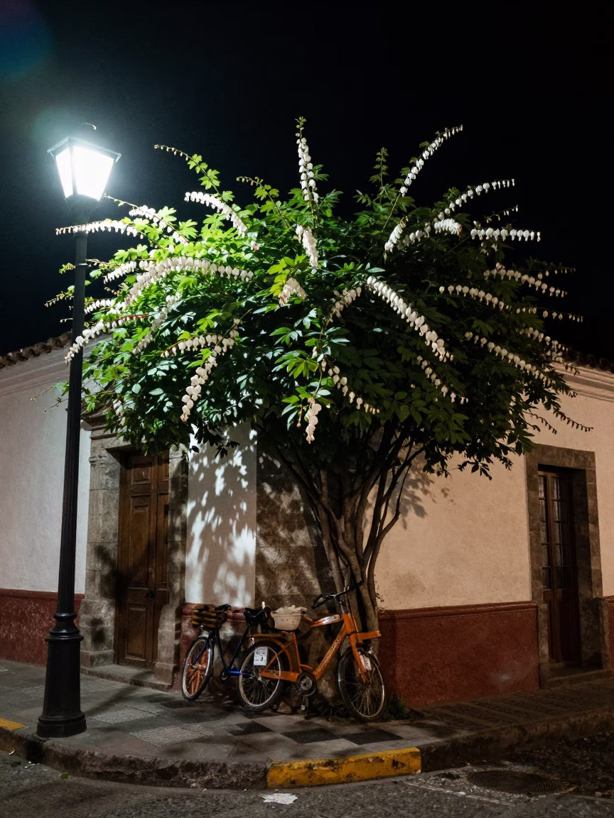Quito Night Street Scene With Bleeding Heart Vine and Traditional Market Stall in in Quito, Ecuador